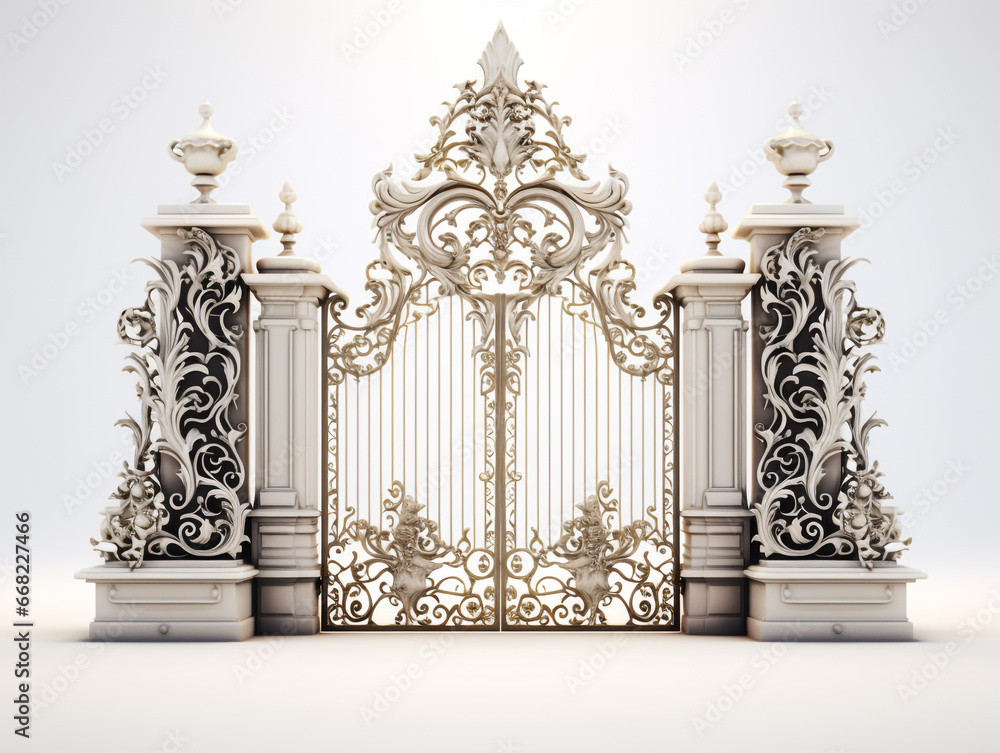Naklejka premium 3D image of a decorative and luxury gate. Has 2 door openings. Floral motif carving fills both the door leaf and the door post.