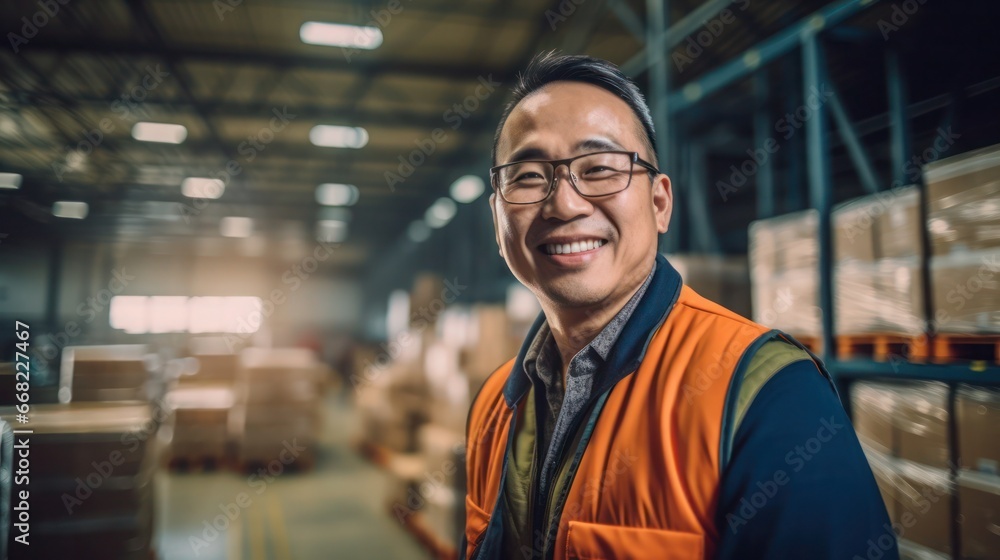 Worker in a warehouse, Man in high visibility vest, blurred shelves stacks background. Generative AI Worker in a warehouse, Man in high visibility vest, blurred shelves stacks background. Generative AI