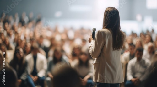 Professional female speaker giving speech in crowded 