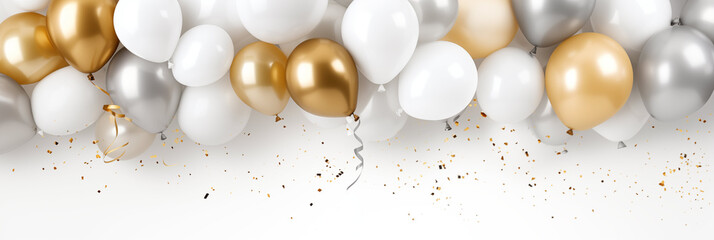 Balloon border isolated on white background. realistic gold, silver, bronze, golden white festive 3d helium balloons for anniversary, birthday party design
