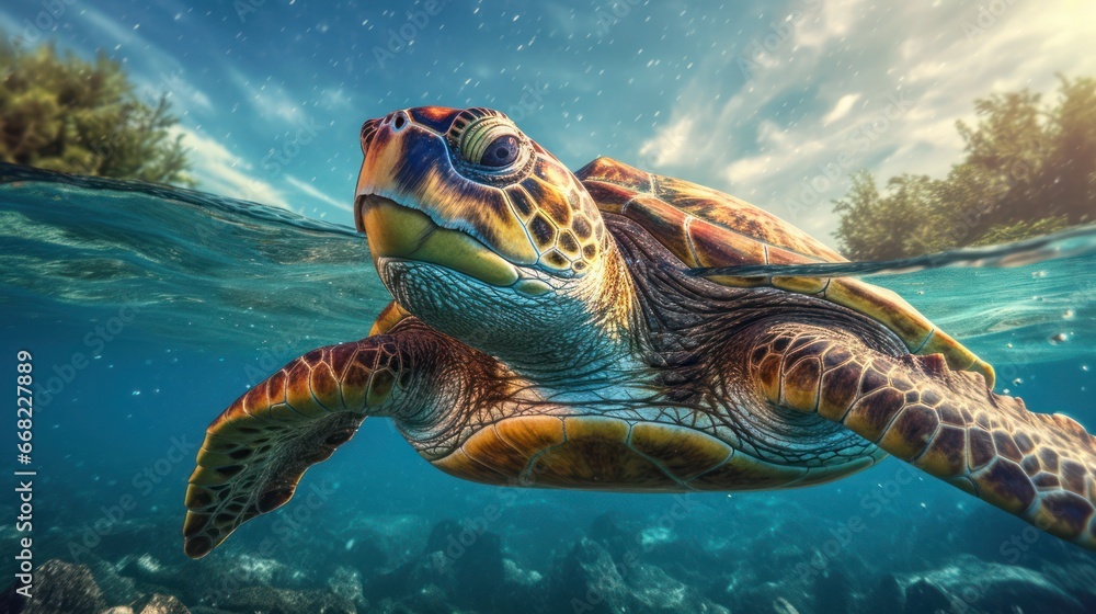 Obraz premium turtle with group of colorful fish and sea animals with colorful coral underwater in ocean