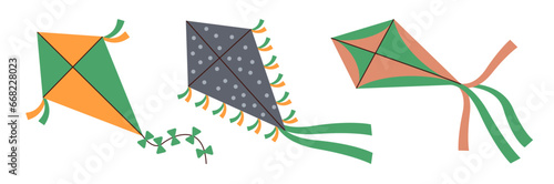 Set of kites. Kite toy , flying tethered object with wings of diamond shape design. Kids summer entertainment.