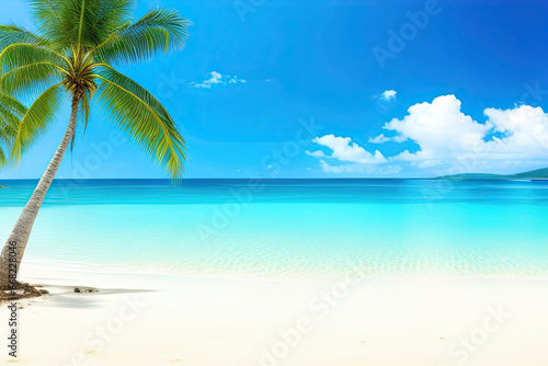 Palm tree on tropical beach with blue sky and white clouds abstract background. © Yuthachai