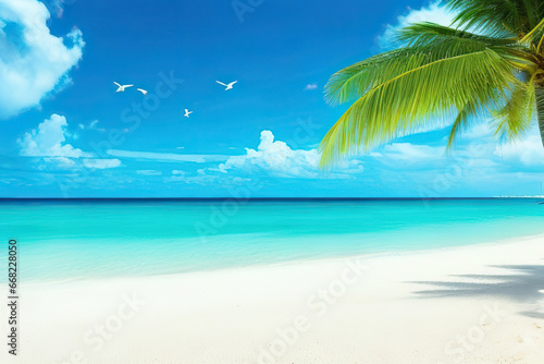 Palm tree on tropical beach with blue sky and white clouds abstract background. © Yuthachai