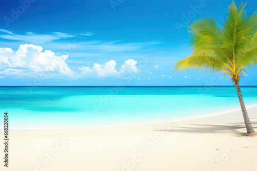 Palm tree on tropical beach with blue sky and white clouds abstract background.