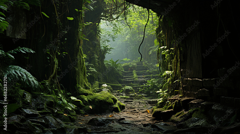 A hidden cave entrance partially obscured by lush jungle foliage, inviting exploration into the enigmatic depths of the rainforest