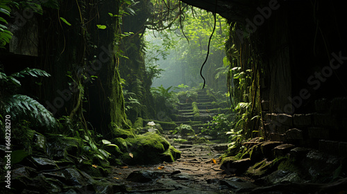 A hidden cave entrance partially obscured by lush jungle foliage, inviting exploration into the enigmatic depths of the rainforest