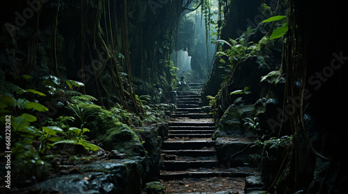 A hidden cave entrance partially obscured by lush jungle foliage  inviting exploration into the enigmatic depths of the rainforest