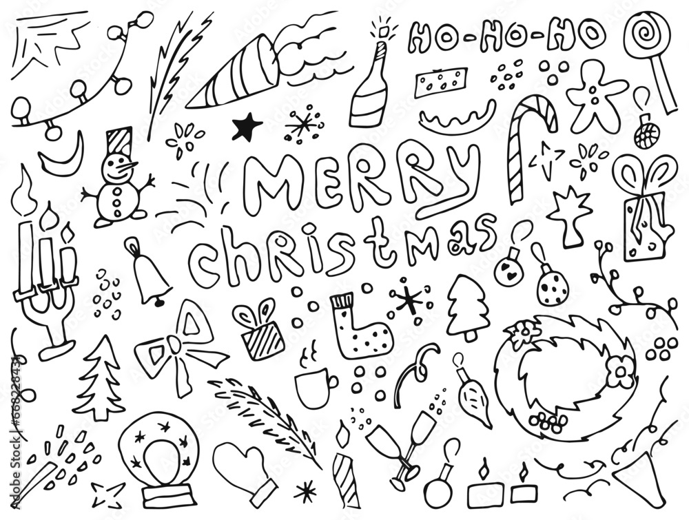 Christmas doodles. Hand drawn xmas illustrations. isolatad white background Winter New Year black outline. Modern design for holiday greeting card, gift tag, label, sticker, banner, poster, postcard