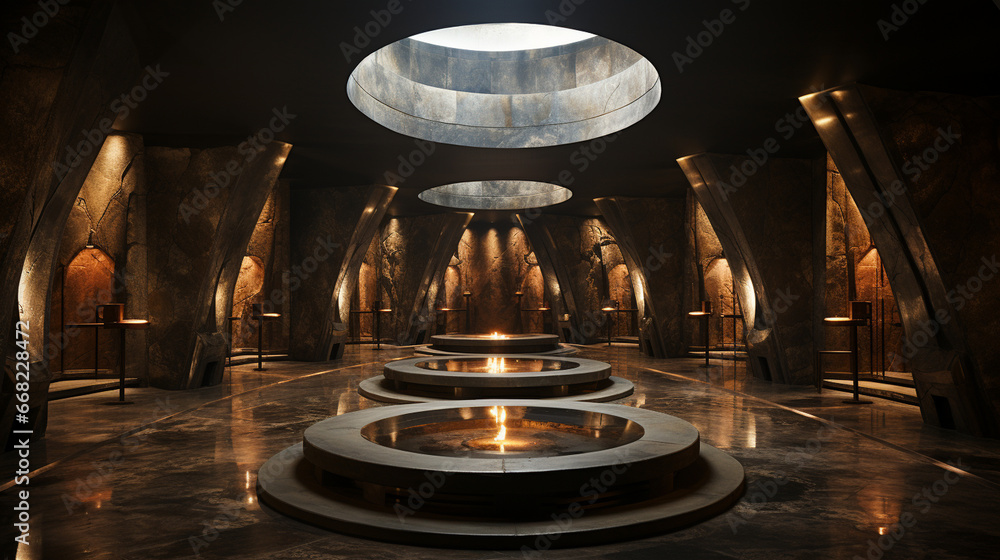 A series of underground chambers with an eerie, almost cathedral-like quality, where the echoes of footsteps create an atmosphere of reverence and wonder A series of underground chambers with an eerie, almost cathedral-like quality, where the echoes of footsteps create an atmosphere of reverence and wonder
