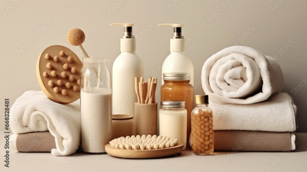 Spa concept with towel and spa aromatherapy items