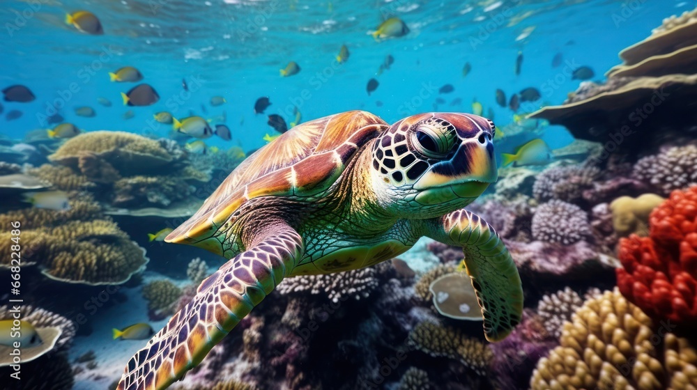 Obraz premium turtle with group of colorful fish and sea animals with colorful coral underwater in ocean