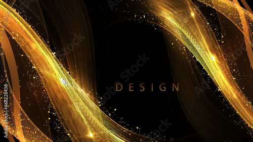 Gold minimal wavy shapes with sparkles and tinsel on a black background.