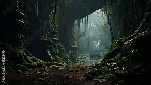 A dark, foreboding cave entrance that entices explorers to venture further into the unknown, highlighting the sense of adventure and discovery