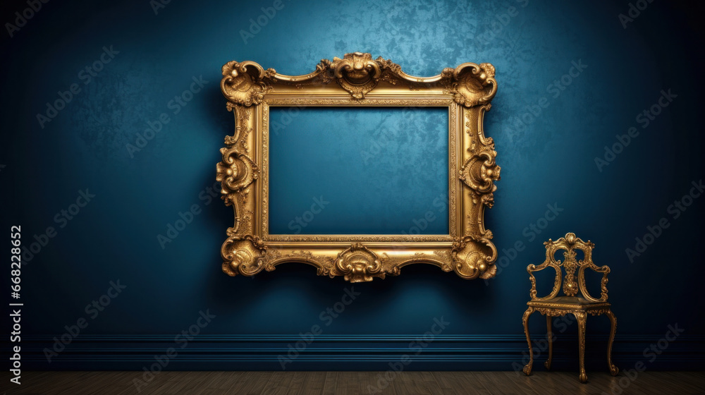Antique art fair gallery frame on a royal blue wall at a museum or auction house. - obrazy, fototapety, plakaty 
