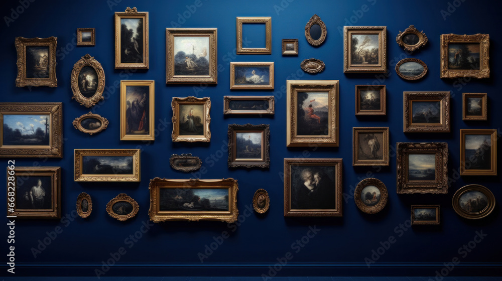 Antique art fair gallery frame on a royal blue wall at a museum or auction house. - obrazy, fototapety, plakaty 
