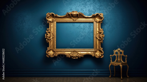 Antique art fair gallery frame on a royal blue wall at a museum or auction house.