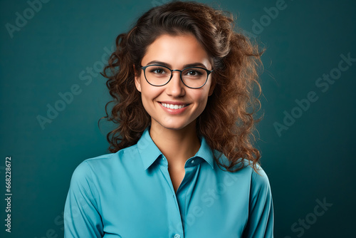 Woman with glasses smiling for picture in blue shirt.