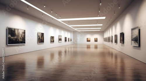 Art gallery with beautiful paintings displayed on minimalist white walls. Exhibition beautiful paintings displayed.