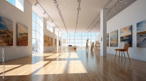 Art gallery with beautiful paintings displayed on minimalist white walls. Exhibition beautiful paintings displayed. © tong2530