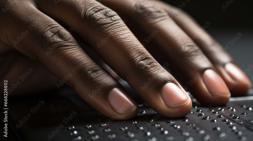Close-up of hand on Braille book, blind man reading Braille, visually impaired person Close-up of hand on Braille book, blind man reading Braille, visually impaired person