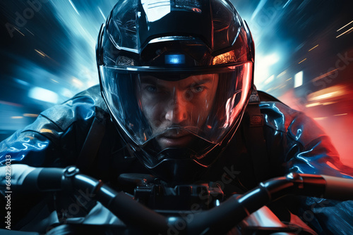 Man in helmet riding motorcycle in tunnel.