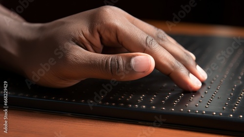 Hand with braille letters, blind man's hand with reading book