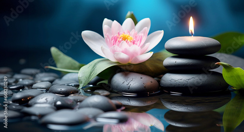 Spa still life with water lily, balanced rocks and candle