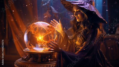 bruxa com bola de cristal em cenário de dia das bruxas  photo