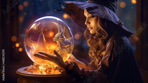 bruxa com bola de cristal em cenário de dia das bruxas 