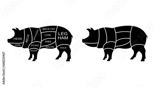 Pig meat diagram, black isolated silhouettes set