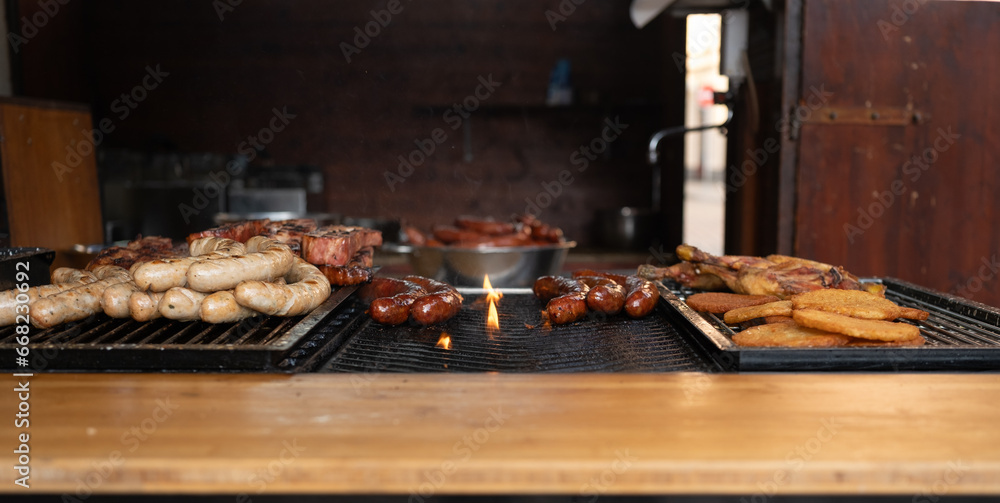 Naklejka premium grill fire white sausage, classic sausage, chicken
