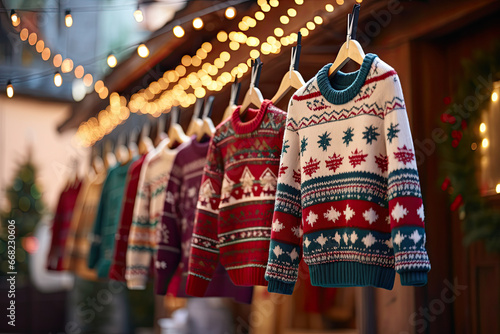 a row of sweaters hanging on a front christmas tree