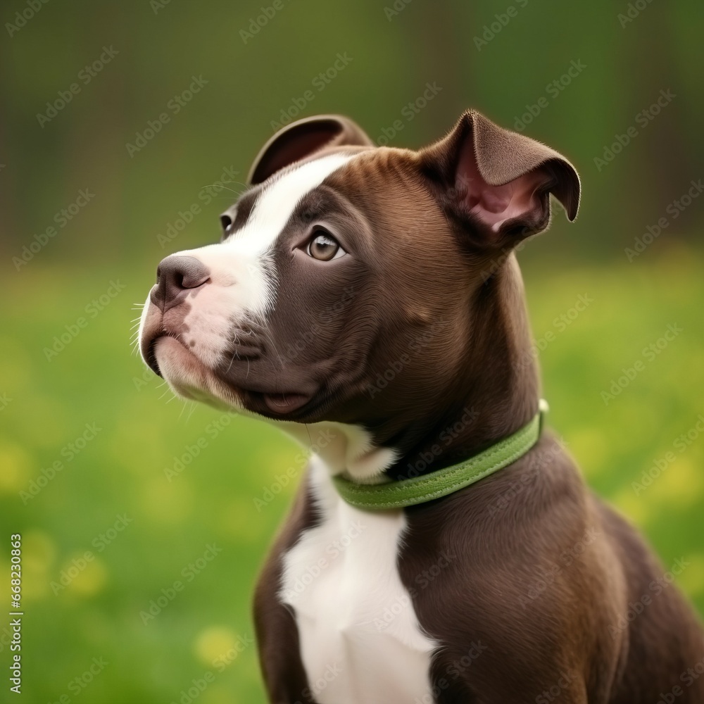 Profile portrait of a cute American Staffordshire Terrier puppy in nature. American Staffordshire Terrier pup portrait on a sunny summer day. Outdoor portrait of a beautiful young dog in summer field.