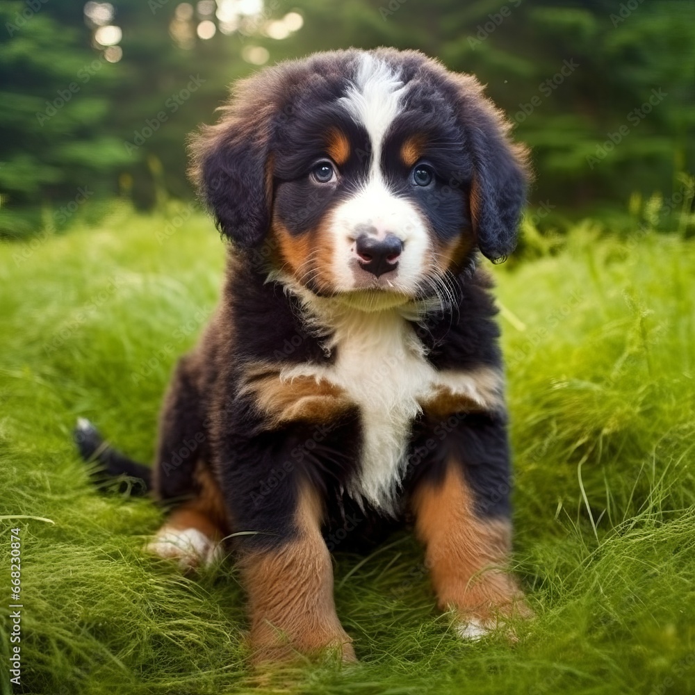 Bernese Mountain Dog puppy sitting on the green meadow in summer green field. Portrait of a cute Bernese Mountain Dog pup sitting on the grass with summer landscape in the background. AI generated