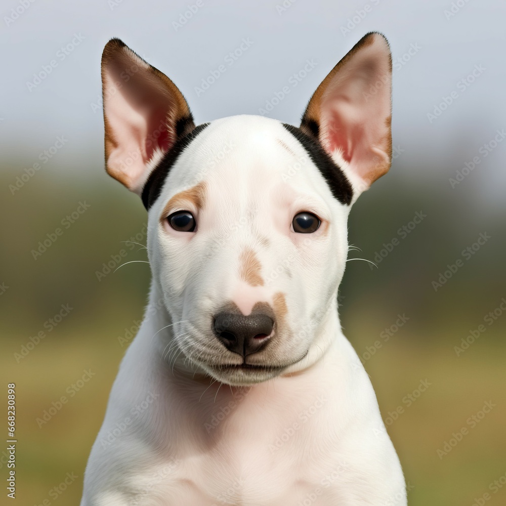 Bull Terrier puppy portrait on a sunny summer day. Closeup portrait of a cute purebred Bull Terrier pup in a field. Outdoor portrait of a beautiful puppy in summer field. AI generated dog illustration