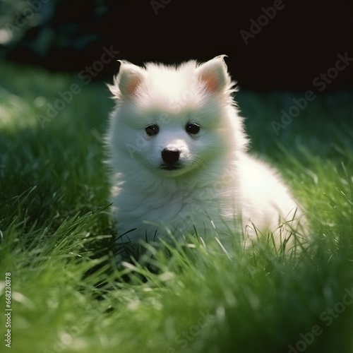 American Eskimo Dog puppy sitting on the green meadow in a summer green field. Portrait of a cute American Eskimo Dog pup sitting on the grass with a summer landscape in the background.