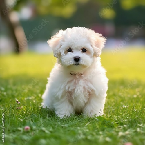 Bichon Frise puppy sitting on the green meadow in summer green field. Portrait of a cute Bichon Frise pup sitting on the grass with summer landscape in the background. AI generated dog.