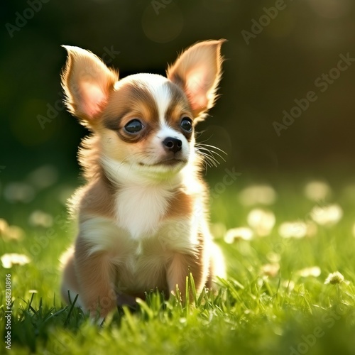 Chihuahua puppy sitting on the green meadow in summer green field. Portrait of a cute Chihuahua pup sitting on the grass with a summer landscape in the background. AI generated dog illustration.