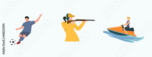 Shooting sport training concept. ball kicking style. man posing on a jet ski. sports entertainment set concept