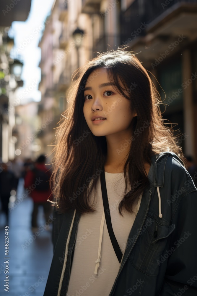 Chica joven asiática haciendo turismo sola, disfrutando de la vida. Concepto bloggera viajera. 