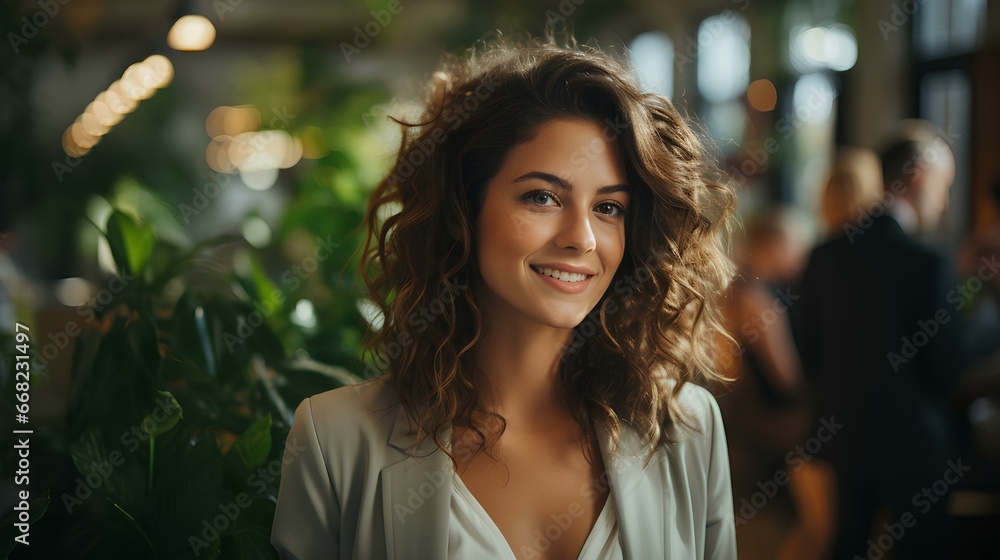 Fototapeta premium A female freelancer with a smile in a free-spirited shared office. generative AI