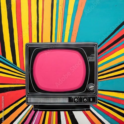 Old retro wooden TV with pink blank screen on colorful background. Antique television with empty screen in vintage style. Bright abstract background with colored strips