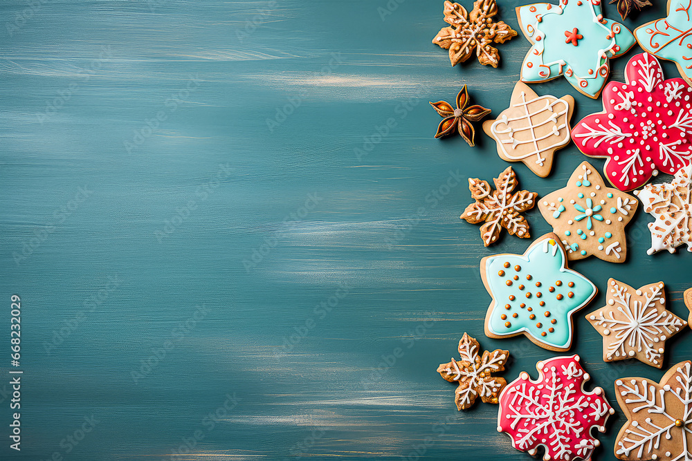 Flat Lay Holiday Festive Decorated Biscuits On Green Background. Chistmas Background With Copy Space For Text Message. Ai Generated
