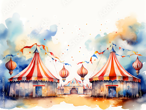Watercolor carnival circus tents kids bedroom vintage wallpaper mural 