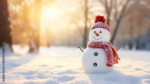 boneco de neve sorridente em fundo de inverno no natal  photo