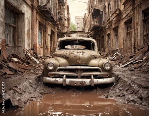 Broken retro car in destroyed city in mud after rain
