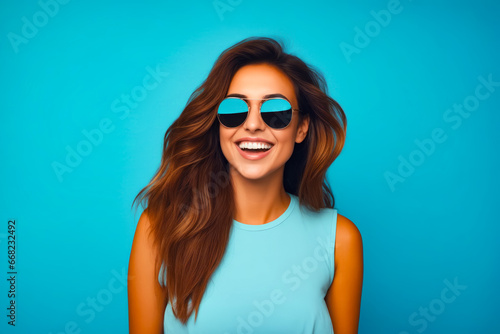 Woman wearing sunglasses and smiling for the camera with blue background.