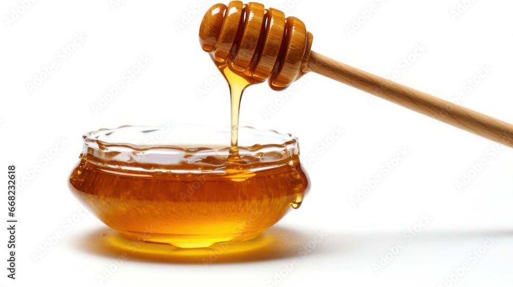 Glass pot of honey, honeycombs and sweet sticky honey puddle isolated on white background Glass pot of honey, honeycombs and sweet sticky honey puddle isolated on white background
