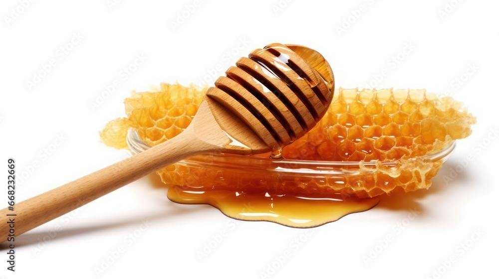 honeycombs and wooden spoon with sweet sticky honey puddle isolated on white background. honeycombs and wooden spoon with sweet sticky honey puddle isolated on white background.